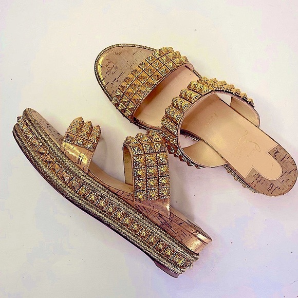 Christian Louboutin Shoes - RARE Christian Louboutin Gold Spike Red Sole Platform Sandal Espadrille